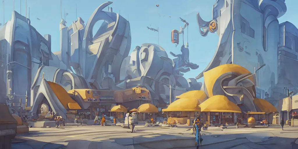 Image similar to overwatch building, stylized, exterior, architecture, in watercolor gouache detailed paintings, insanely detail, artstation, 8 k, futuristic, big medium small, arcane, simon stalenhag, food stall, interesting shapes & form, golden ratio, megastructures, vitaly bulgarov, mall