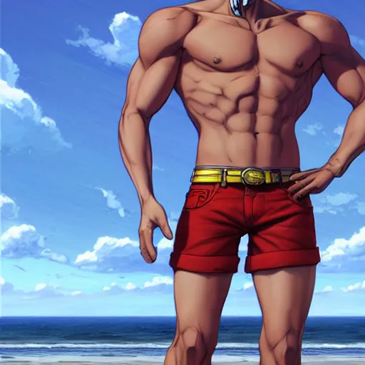 Image similar to a male horse humanoid standing on the beach,wearing red shorts,anthropomorphic,Character design by artgerm, and makoto shinkai, detailed, inked, western comic book art, 2021 award winning painting,digital art,ultra realistic,ultra detailed,art by greg rutkowski,muscular,detailed face,hyperdetailed,hyperrealistic,detailed face,photorealistic,realistic,4k,SFW