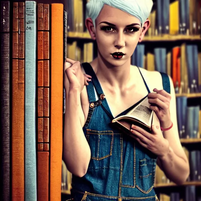 Prompt: full body pose, beautiful adult library fairy, short white hair shaved sides, dirty, grungy, grunge, overalls, stacks of giant books, highly detailed, 4 k, hdr, smooth, sharp focus, high resolution, award - winning photo, artgerm, photorealistic