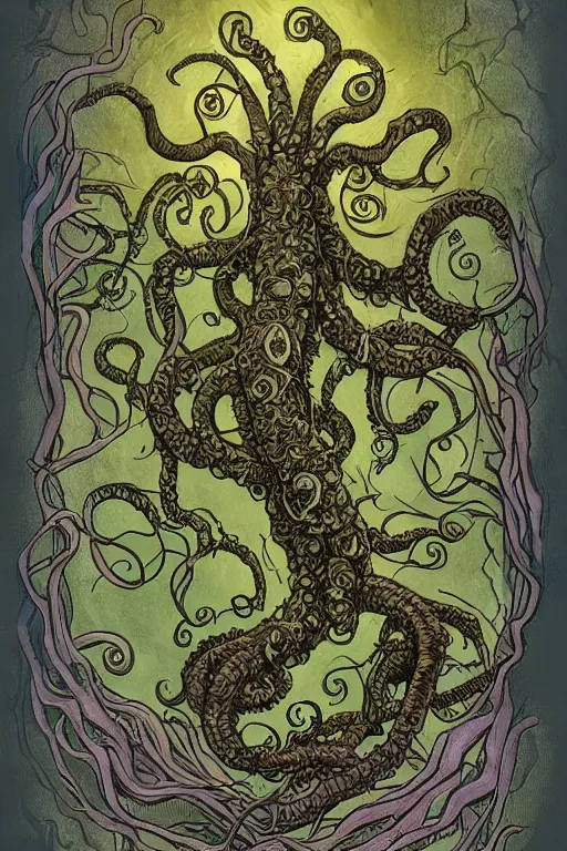 Image similar to ancient eldritch plant horror cthulhu, concept art, digital art, tarot card