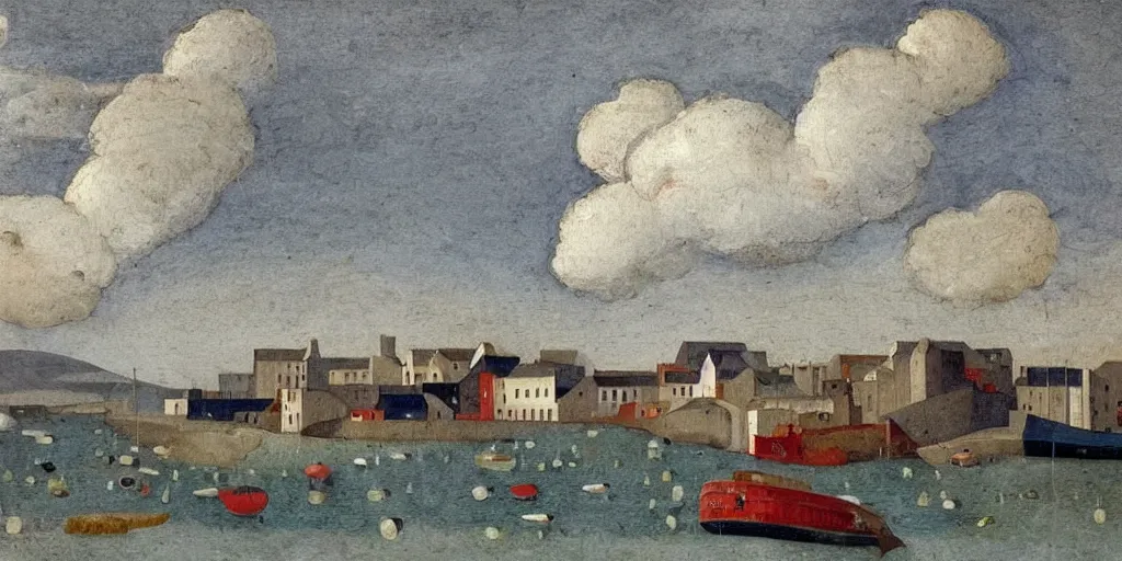Image similar to a painting of the harbour at Stromness, orkney islands, small houses, boats, sea, stormy clouds, by Fra Angelico