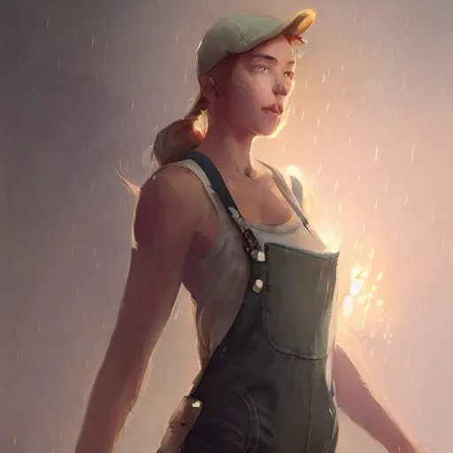 Image similar to portrait, attractive Female adventurer, soft eyes and narrow chin, dainty figure, single strap paint covered overalls, short shorts, combat boots, raining, basic white background, style of by Jordan Grimmer and greg rutkowski, crisp lines and color,