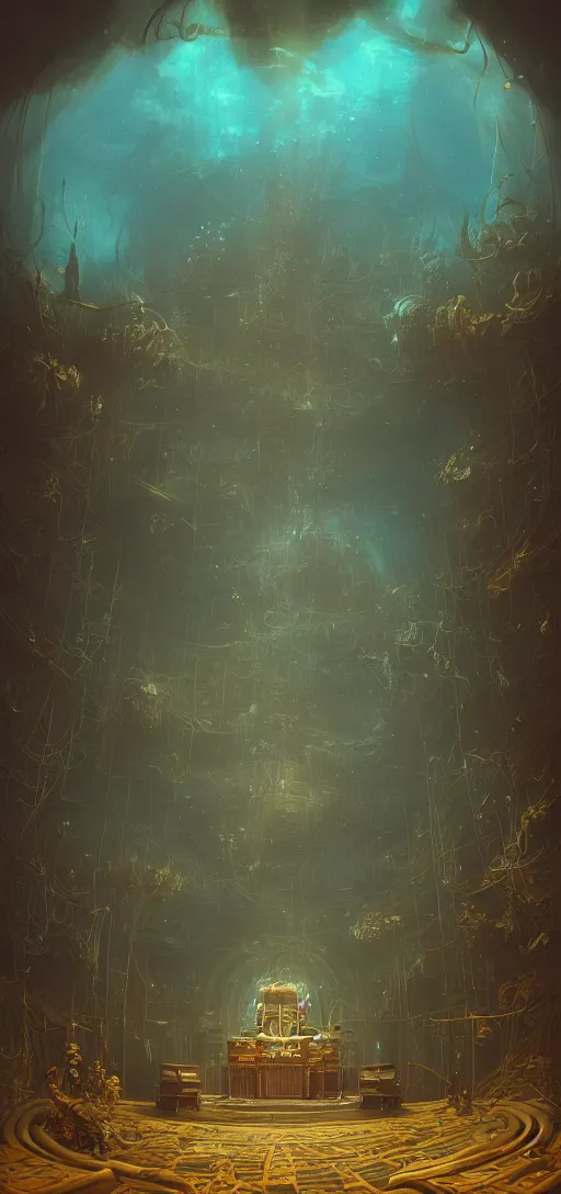 Image similar to pipe organ underwater with gold trim, by peter mohrbacher dan mumford craig mullins nekro, cgsociety, pixiv, volumetric light, 3 d render, smoke, dark fog, high contrast colors, lost atlantis