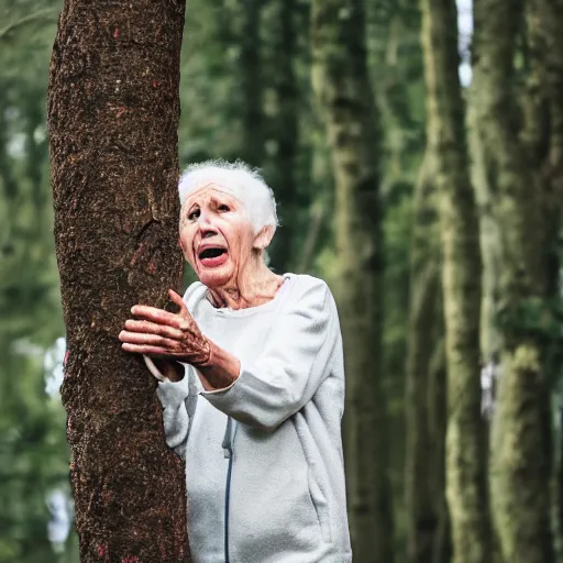 Prompt: elderly woman stuck up a tree, screaming, canon eos r 3, f / 1. 4, iso 2 0 0, 1 / 1 6 0 s, 8 k, raw, unedited, symmetrical balance, wide angle