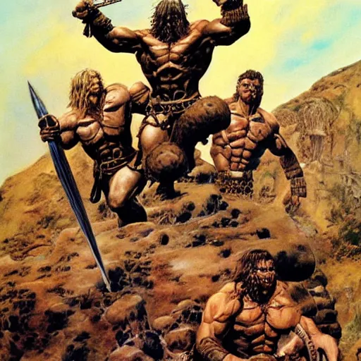 Image similar to warriors standing on a mountain of skulls. Artwork by Frank Frazetta and Boris Vallejo. Inspired by Conan the barbarian