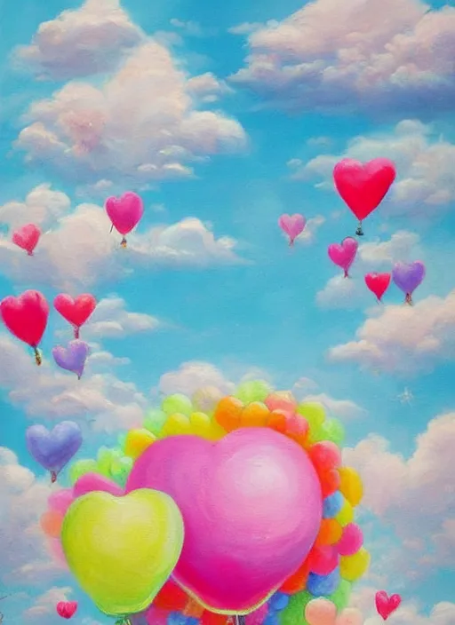 Image similar to detailed painting that is beautiful and whimsical with cotton candy clouds and balloon hearts and flowers inside