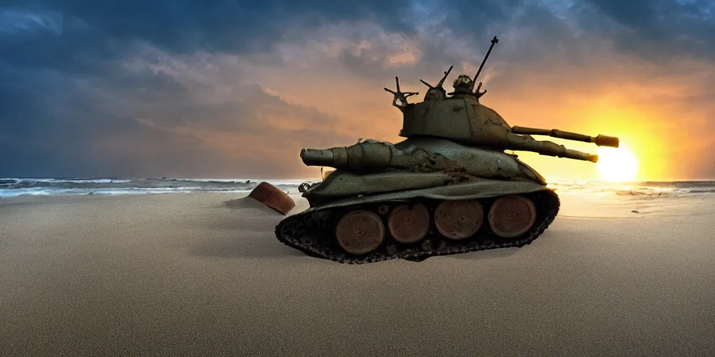 Prompt: deadly dangerous headcrab on the sand beach in the last rays of evening sun trying to eat soviet belarus tank, high detailed scene from tim burton movie