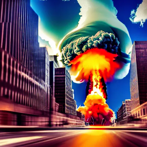 Prompt: centered sharp action photography shot of extremely detailed hyper realistic nuclear bomb explosion in a city, professional film photography, 8 k, cinematic framing,