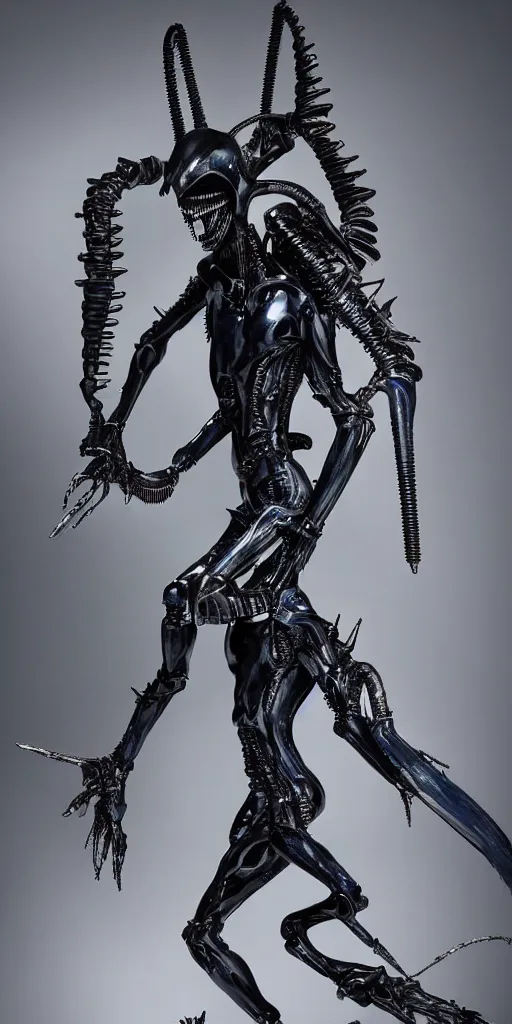 Image similar to blue human with rick owens iron spikes xenomorph intricated jewelry figure plastic jumping in a runway fashion show, realistic photography paparazzi by Nick Knight and Luis Royo