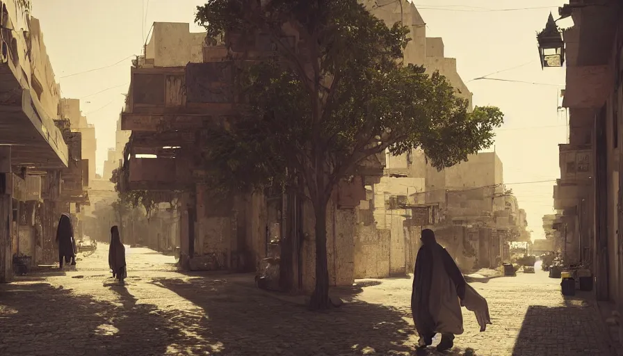 Image similar to old jeddah city street, roshan, shops, pharmacy, a nomad wearing a worn out coat, plants, tree, dramatic lighting, by caspar david friedrich by james gilleard and justin gerard, artstation, smooth, sharp focus, by jean baptiste, octane render, top view