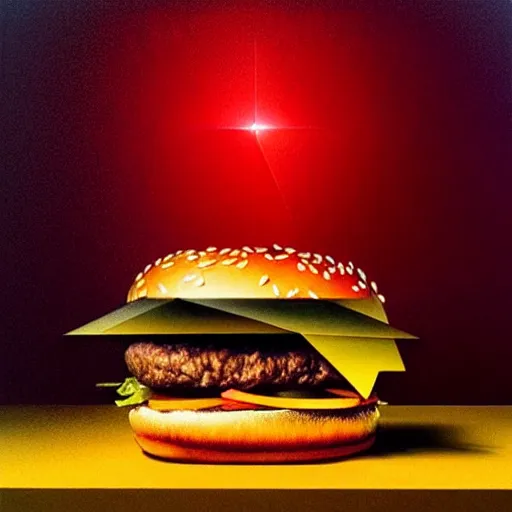 Prompt: hyperrealistic still life portrait of a big mac hamburger exploding inside of a serene temple, beautiful plans, sacred geometry, light refracting through prisms in a tesseract, by Caravaggio, botanical print, surrealism, vivid colors, serene, golden ratio, rule of thirds, negative space, minimalist composition