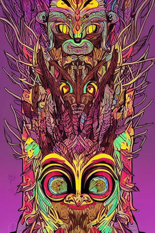 Image similar to animal mask totem roots flower tribal feather gemstone plant wood rock shaman vodoo video game vector cutout illustration vivid multicolor borderlands comics by josan gonzales and dan mumford radiating a glowing aura