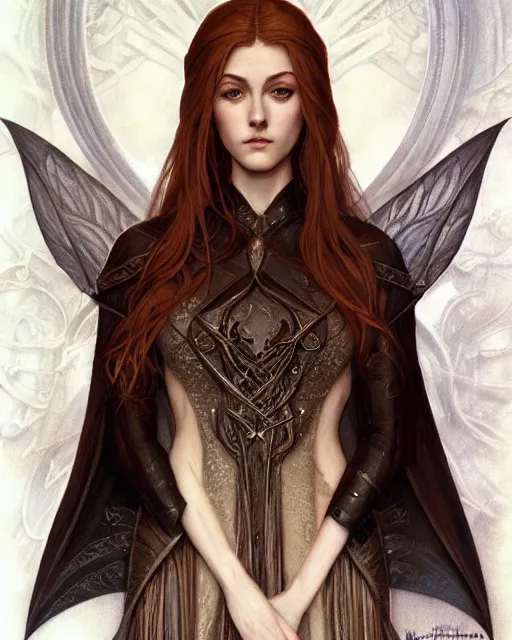 Image similar to portrait of katherine mcnamara elven mage, dark, piercing eyes, gentle expression, elegant clothing, photorealistic, highly detailed, artstation, smooth, sharp focus, art by michael whelan, artgerm, greg rutkowski and alphonse mucha