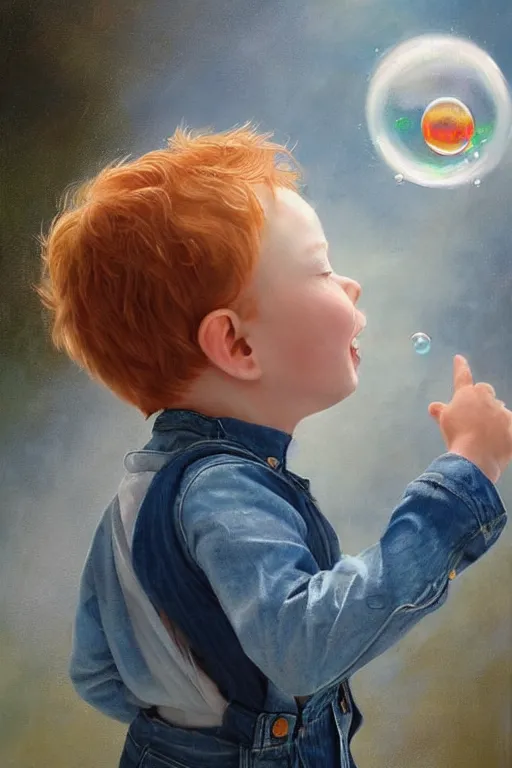 Image similar to a little boy with ginger hair wearing denim overalls chasing bubbles. clean elegant painting, beautiful detailed face, lots of bubbles. by artgerm and greg rutkowski