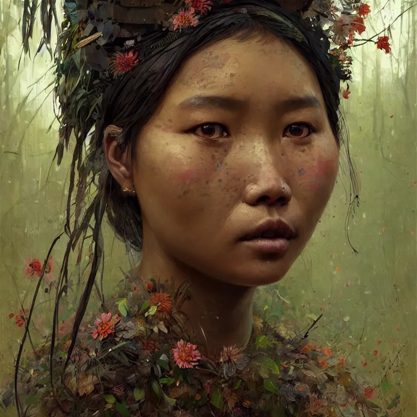 Image similar to detailed portrait of a tribal woman with asian eyes and thick lip forest girl, flowers and trees, by ismail inceoglu dragan bibin hans thoma greg rutkowski alexandros pyromallis nekro rene maritte illustrated, perfect face, fine details, realistic shaded, fine - face, pretty face