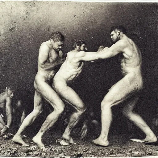 Image similar to brutal spartan men fistfighting in pit, sparta, daguerreotype photograph, ancient photograph