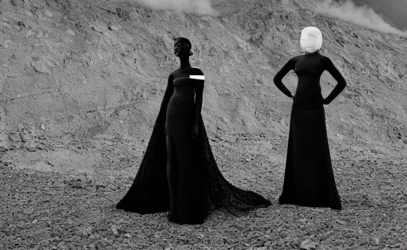 Prompt: gleaming black female statue wearing haute couture gown designed by alexander mcqueen, nylon straps, black matte cobra buckles by matthew williams, bar codes and geometric patterns, a black and white strip mine is in the background, black smoke in the air, landscape, land art, beautiful award winning fashion photography