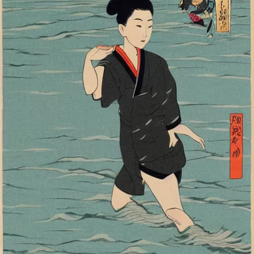 Image similar to Beautiful Japanese woman running from an old samurai on the beach Toshio Saeki, high detailed