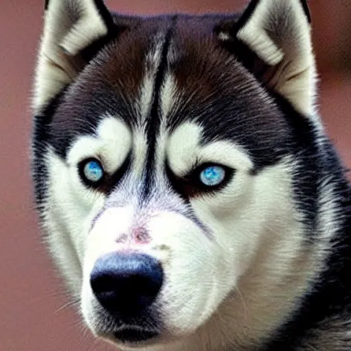 Image similar to a siberian husky with heterochromia eating a pile of shit