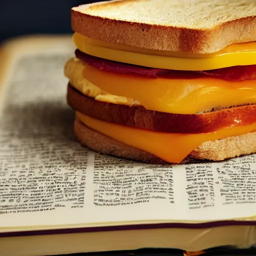 Prompt: a ham and cheese sandwich on bunny bread, sitting on a thick old book. 4 k, pinhole photograph