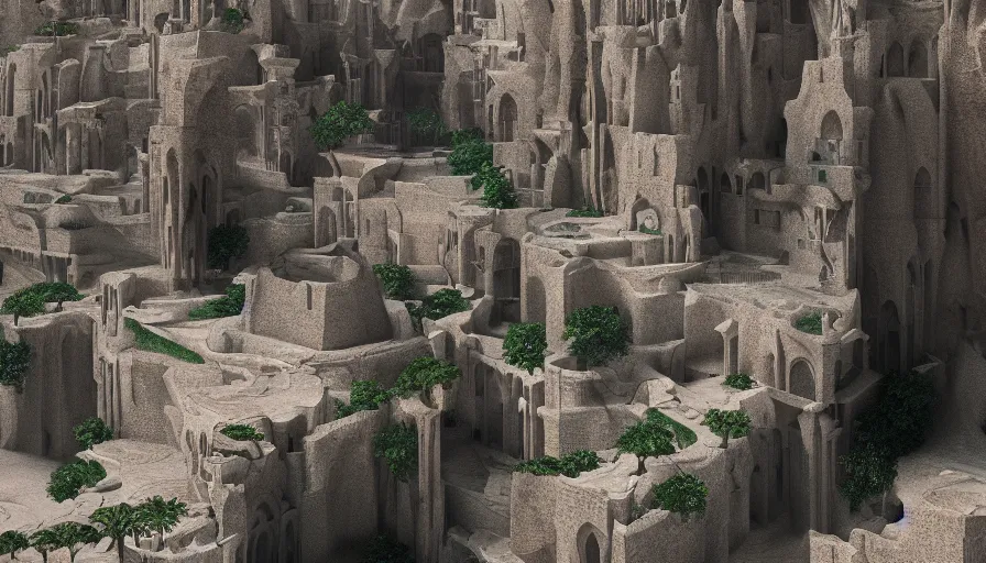 Prompt: a detailed digital painting of a biotech mystical arabic architecture of a city carved into a limestone cliff, by james jean, 1. 1 rule of thirds, ultrarealistic, dramatic lighting, landscape, beautiful, gorgeous, hyper detail, hd, octane render, unreal engine, cinematic, trending on artstation,