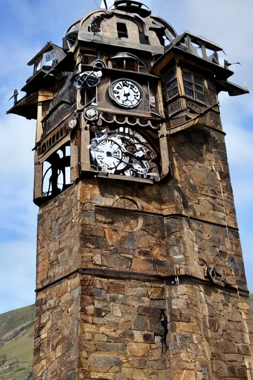 Prompt: the impossible clock tower on the top of a mountain, steampunk art