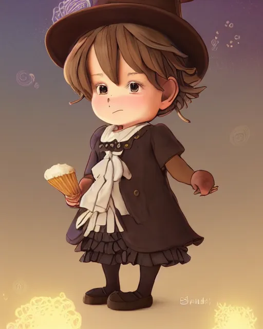 Image similar to a boy as ( fantasy personification of chocolate cupcake ), character design, cute hat, victorian inspired clothing, unreal engine, highly detailed, smooth, digital illustration by artgerm, studio ghibli, sharp focus, artstation. ribbons, fractal swirls. a fantasy bakery background by studio ghibli, makoto shinkai, global illumination, blender, maya 8 k