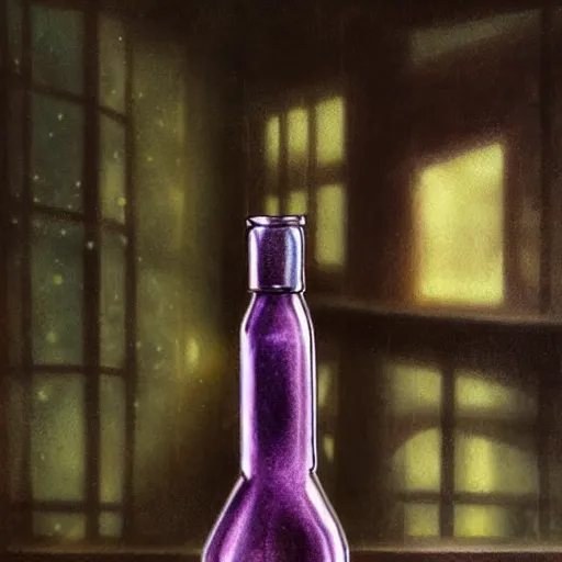 Prompt: a steampunk painting of a vintage purple potion bottle, lit by a single ray of sunlight on a table in a dark dusty vintage science lab, by h. r. giger, hyperrealistic fantasy art, concept matte, ethereal, dreamy, digital art, trending on artstation, volumetric cinematic lighting