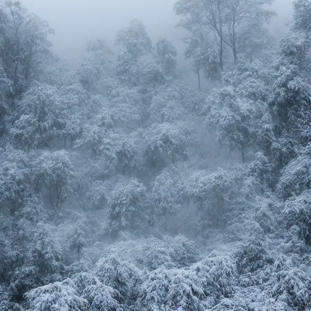 Prompt: snow covered rainforest, dense, foggy, HD,