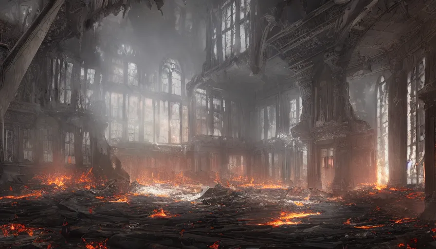 Prompt: Digital painting of the interior of a burning huge destroyed English manor, hyperdetailed, artstation, cgsociety, 8k