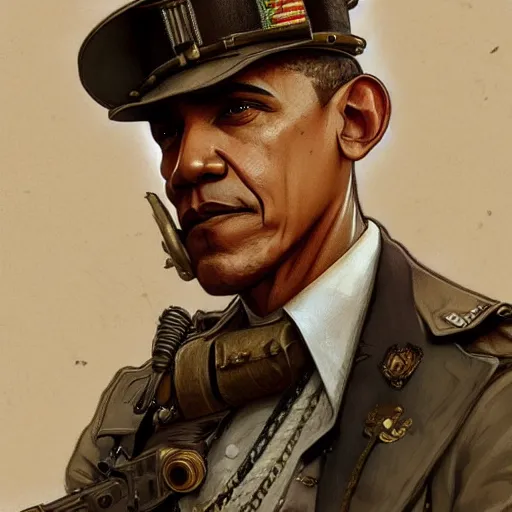 Image similar to Obama as a steampunk colonel, army, intricate, highly detailed, digital painting, artstation, concept art, sharp focus, illustration, art by greg rutkowski and alphonse mucha