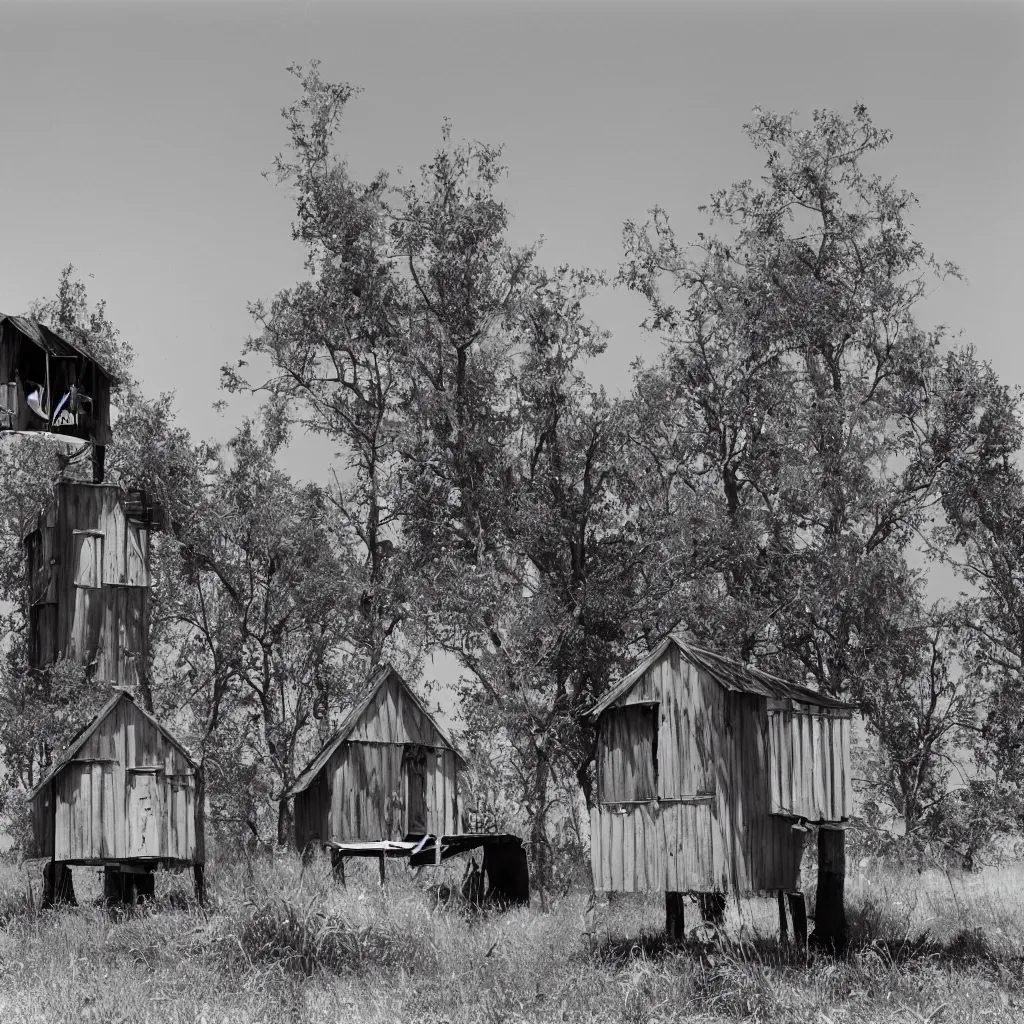 Image similar to two towers, made up of makeshift squatter shacks, misty, mamiya rb 6 7, fully frontal view, very detailed, photographed by ansel adams