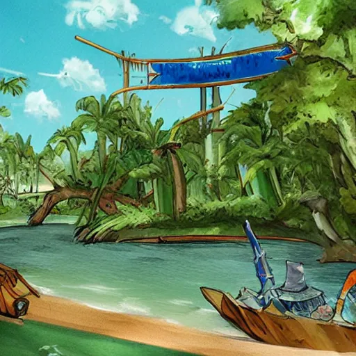 Prompt: concept art of boat ride themed to a florida swamp