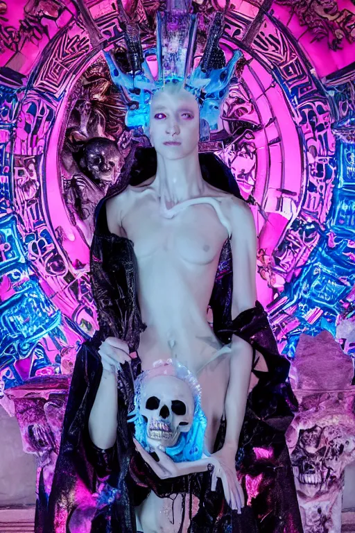 Prompt: photo of full-body baroque and cyberpunk delicate neon crystalline sculpture of ((beautiful feminie albino Spanish princess)) as an onyx humanoid deity wearing ((peach plastic hooded cloak)) (holding an onyx skull) in a onyx aztec temple, reclining, glowing blue face, crown of (pink lasers), large blue diamonds, swirling black silk fabric. futuristic elements. oozing glowing liquid, full-length view. space robots. intricate artwork by caravaggio. Trending on artstation, octane render, cinematic lighting from the right, hyper realism, photorealistic, octane render, 8k, depth of field, 3D