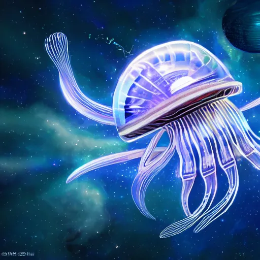 Image similar to design of a cute damaged spaceship shaped like a mechanical jelly fish flying in hyperspace, beautiful clear detailed 8k digital art, final render