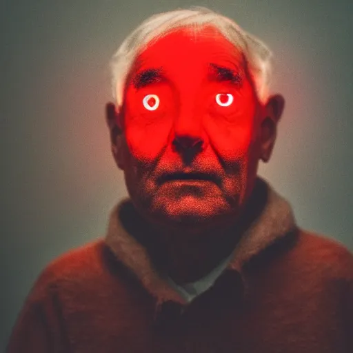 Image similar to an old man with glowing red eyes