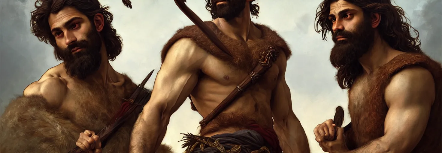 Prompt: renaissance upper body portrait of a gruff ranger with a spear, Persian, lean and toned, handsome face, hairy chest, D&D, intricate, elegant, highly detailed, digital painting, artstation, concept art, matte, sharp focus, illustration, art by da Vinci, Artgerm and Greg Rutkowski and Alphonse Mucha