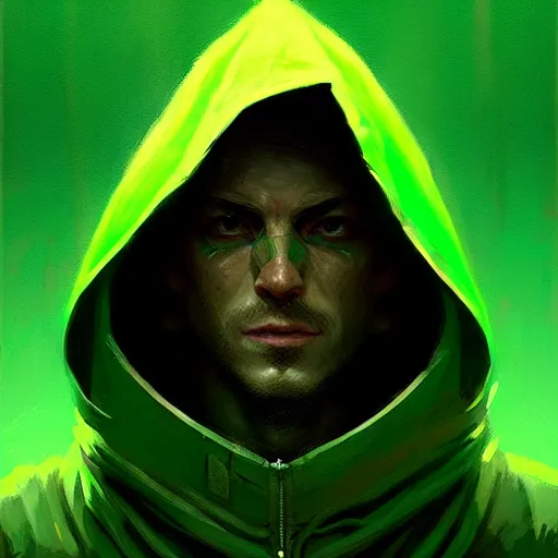 Prompt: portrait of a programmer with green hood by greg rutkowski, digital