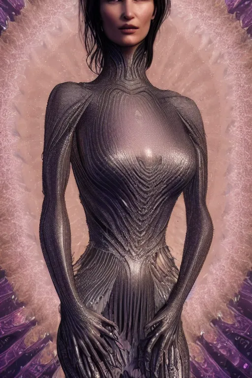 Image similar to a highly detailed 8 k render of a beautiful alien goddess bella hadid in iris van herpen dress schiaparelli in diamonds in style of alphonse mucha trending on artstation made in unreal engine 4