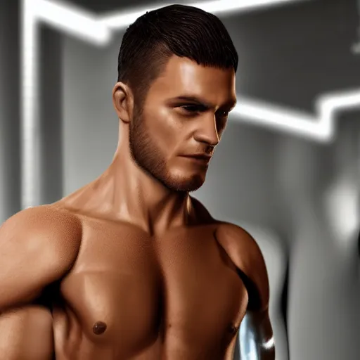 Image similar to a realistic detailed photo of a guy who is an attractive humanoid who is half robot and half humanoid, who is a male android, attractive and handsome soccer players, shiny skin, posing like a statue, blank stare, in a factory, on display, showing off his muscles, wearing soccer shorts, side view, looking at each other mindlessly