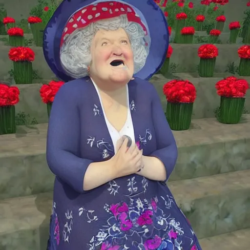 Prompt: of a very funny 3 d cinematic scene. a sweet fat old woman is in love with her self. flowery dress. symmetrical face, red mouth, blue eyes. a flowery dress. deep focus, lovely scene. ambient occlusion render. unreal engine. pencil and ink. goya painting style.