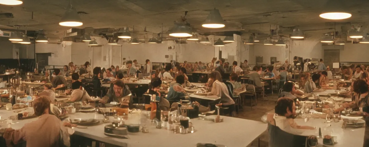 Prompt: Film still of a mess hall in a 1970s scifi movie, food on the table, drinks, bottles, monitors with wires on the wall, bright cinematic lighting, Cinestill colour cinematography, anamorphic