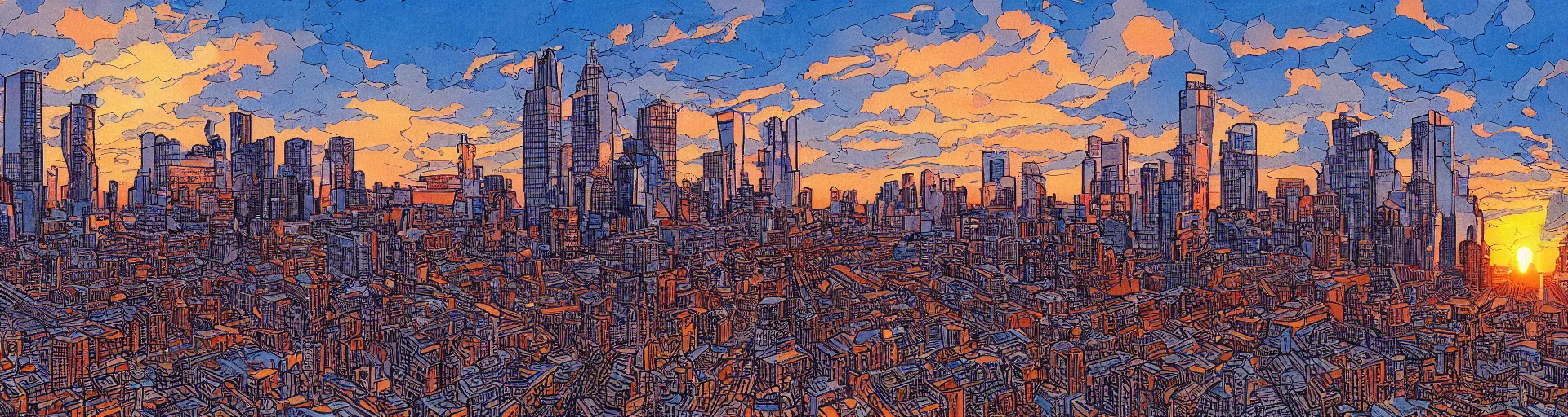 Image similar to Rotterdam Skyline, cartoon style by Jean Giraud, Moebius, intricate detail, sunset, cloudy, highly detailed