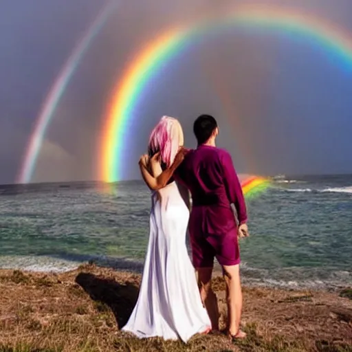 Image similar to two people joined by a rainbow emanating from their backside