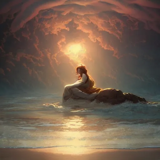 Prompt: drowning in an ocean of his own thoughts, intricate, detailed, volumetric lighting, scenery, digital painting, highly detailed, artstation, sharp focus, illustration, artstation, art by artgerm and greg rutkowski and alphonse mucha