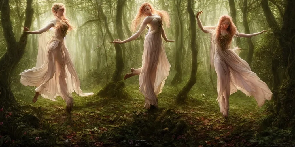 Prompt: masterpiece ephemeral elven girl dancing in the woods, composition by anastasiya dobrovolskaya, donato giancola, karol bak, tom bagshaw, face by artgerm and edmund leighton, background by james jean and noah bradley, majestic, volumetric lighting, porcelain skin, photorealistic, intricate, trending on artstation 8 k