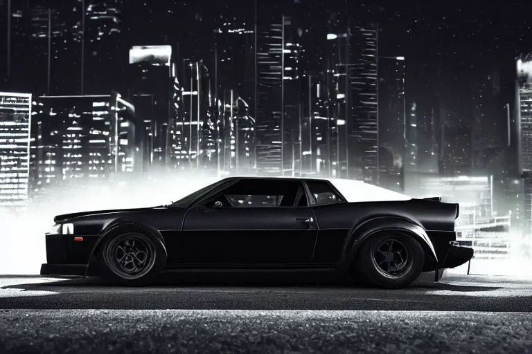 Prompt: widebody all black audi camaro b 1 ( 1 9 6 9 ), need for speed : carbon, at night, sci - fi, neon lines, phonk music background, smoke behind wheels, noise, dark, establishing shot, by simon stalenhag