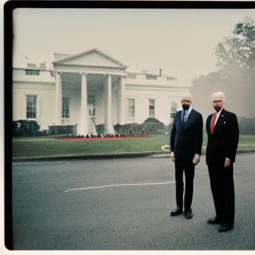 Image similar to polaroid photograph of Joe Biden standing in front of the white house on fire