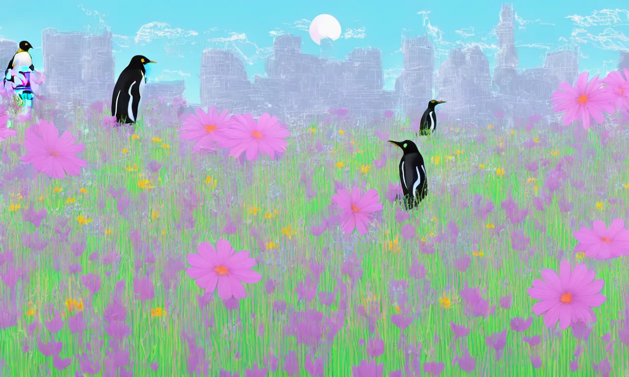 Prompt: penguins, meadow flowers, pastel colors, nordic, cityscape, digital art, 3 d illustration