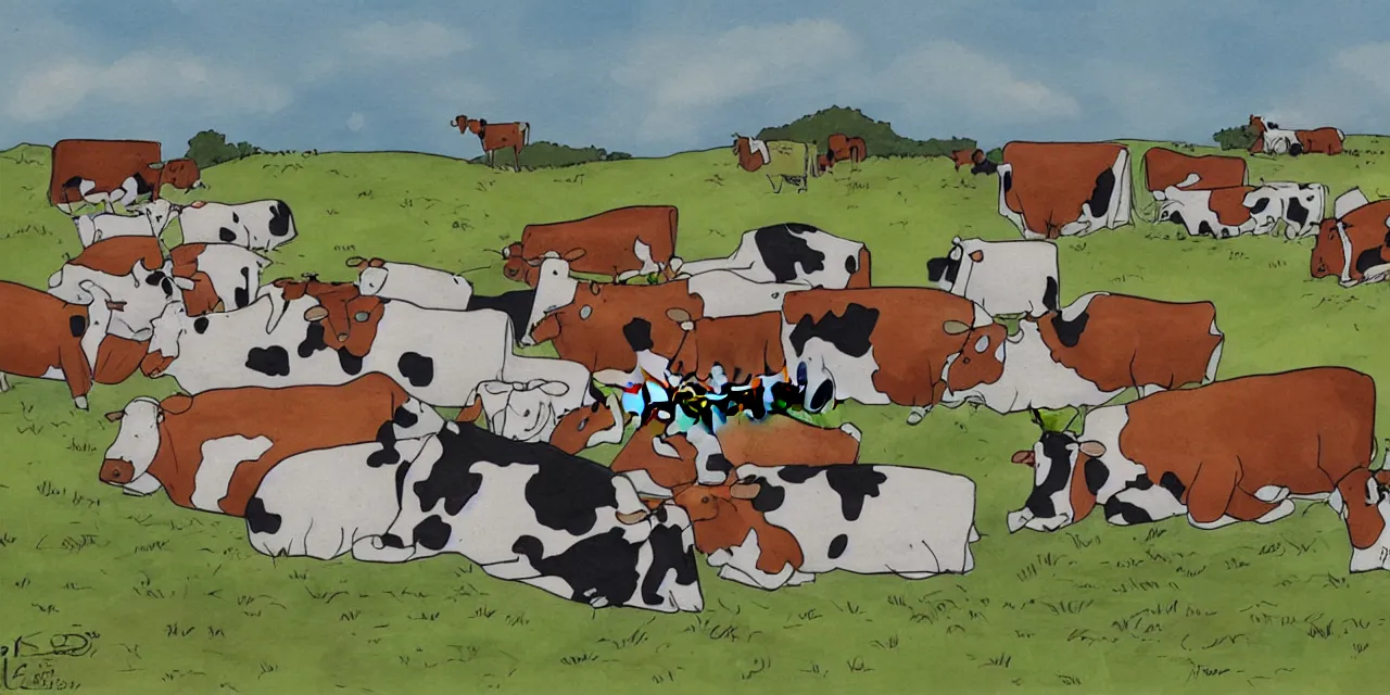 Prompt: cartoon, cows resting after a day rounding up humans